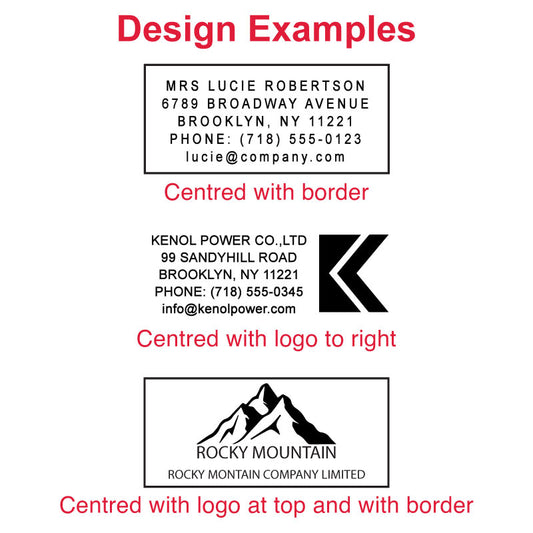 Examples of custom pre-inked stamp designs featuring centered text with border, logo to the right, and logo at top with border for DF3267 model.
