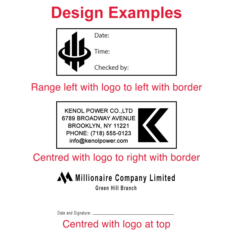Sample design layouts for DF3278 pre-inked stamp, illustrating alignment options with logos for professional use