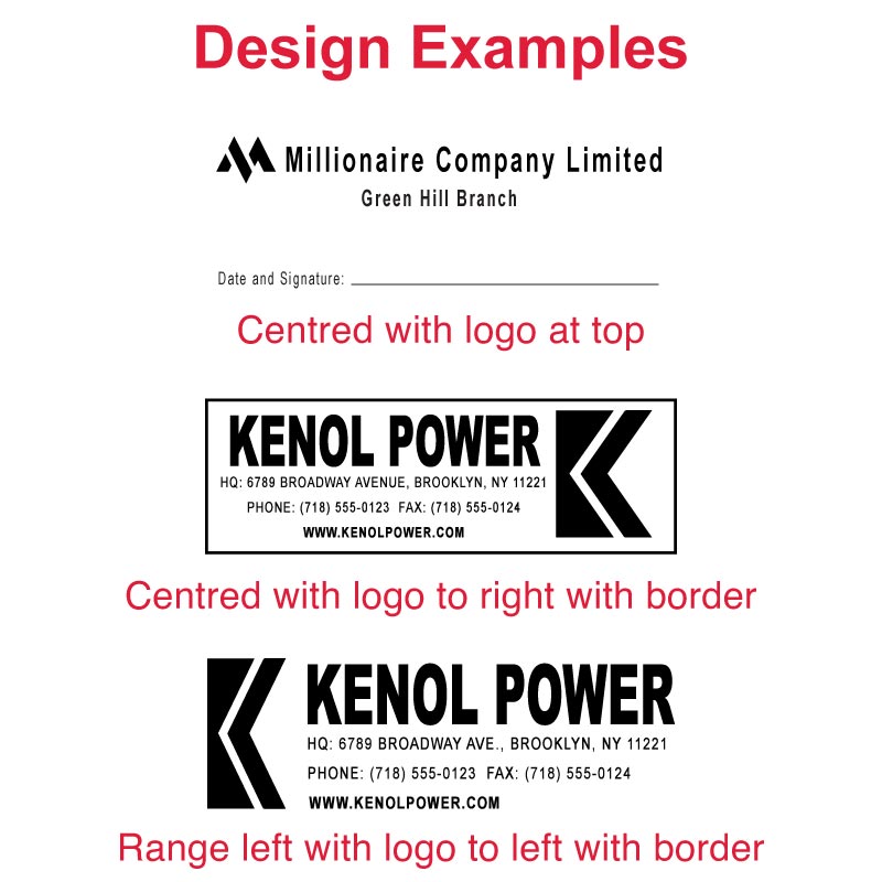 Design examples for custom DF3291 pre-inked stamps, depicting multiple layout styles for professional branding and documentation