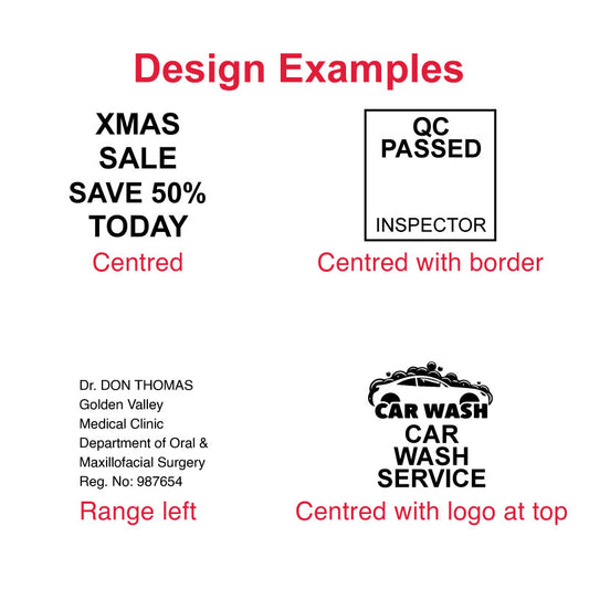 Design examples for DF3338 pre-inked stamp, demonstrating various text and logo placements for commercial and professional use