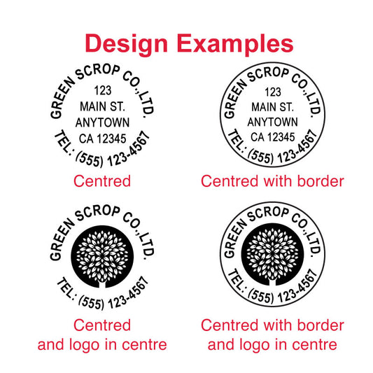 Examples of customizable impressions with the DF42 Pre-Inked Stamp - address, logo, and personalized designs