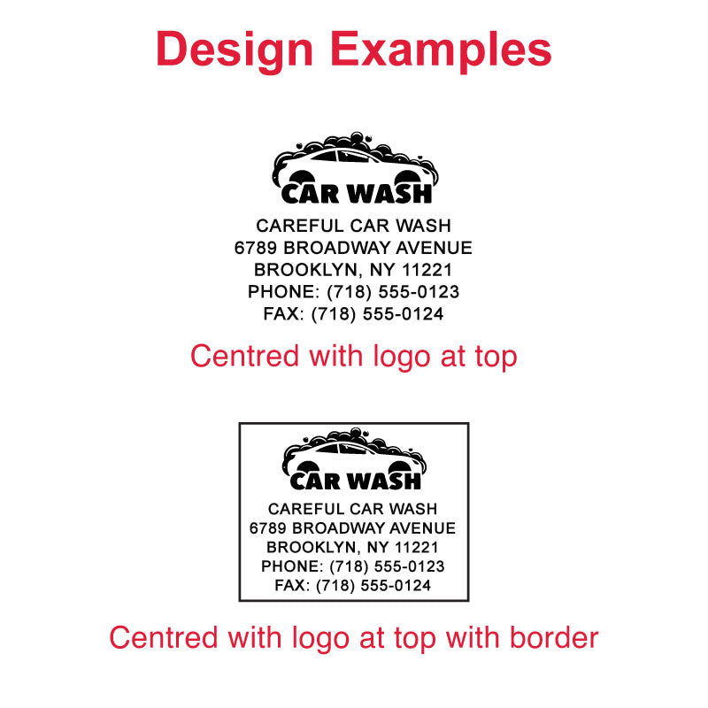 Design examples for DF4355 Pre-Inked Stamp featuring car wash logos, centered with contact information and border, ideal for business branding and professional impressions.