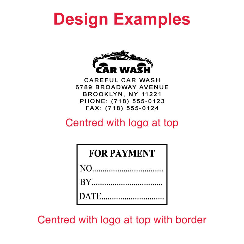 Customizable DF4367 Pre-Inked Stamp design examples for car wash payments, centered with logo at top and a designated area for payment details, ensuring organized and professional documentation.