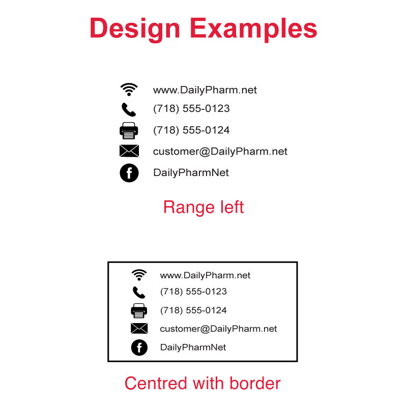 Design examples for DF4378 Pre-Inked Stamp with contact details and social media icons, available in range left and centered with border layouts, ideal for creating distinct business stamps.