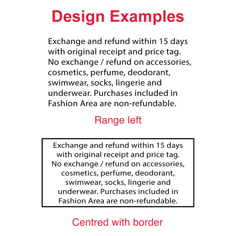 DF4391 Pre-Inked Stamp design examples for retail return policy, with text range left and centered with border, perfect for clear return instructions on receipts and documents.