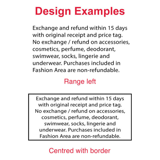 DF4391 Pre-Inked Stamp design examples for retail return policy, with text range left and centered with border, perfect for clear return instructions on receipts and documents.
