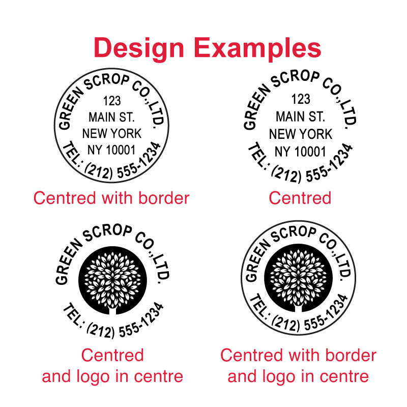 Examples of customizable impressions with the DF50 Pre-Inked Stamp - address, logo, and personalized designs
