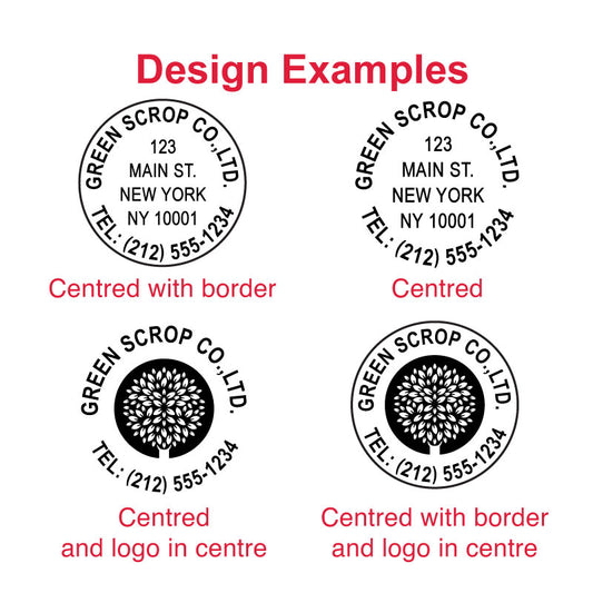 Examples of customizable impressions with the DF50 Pre-Inked Stamp - address, logo, and personalized designs