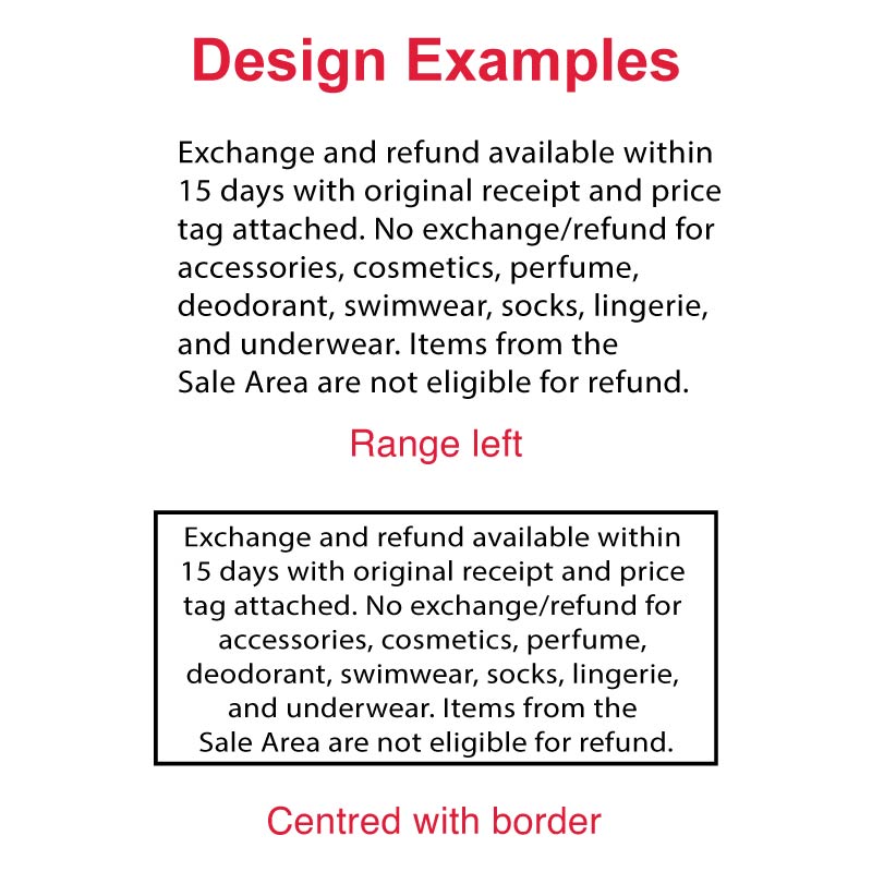Design examples for DF53103 Pre-Inked Stamp with exchange and refund policy text, formatted with range left and centered with border for clear and professional retail documentation.