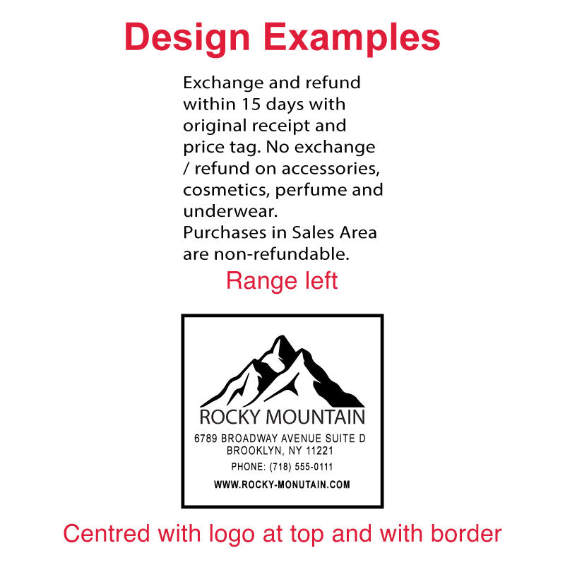 Design examples for DF5355 Pre-Inked Stamp with exchange and refund policy, centered with a mountain logo at top and with a border for effective business communication.