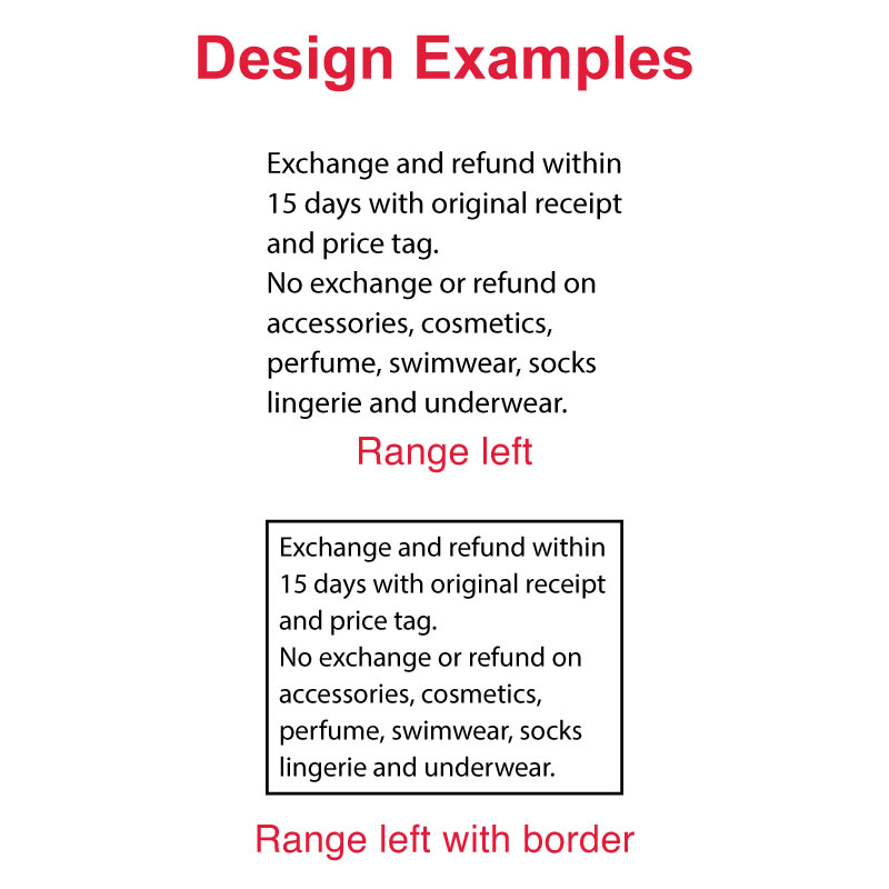Design examples for DF5367 Pre-Inked Stamp showcasing return policy text, arranged with range left alignment and centered with border for clear business communication.