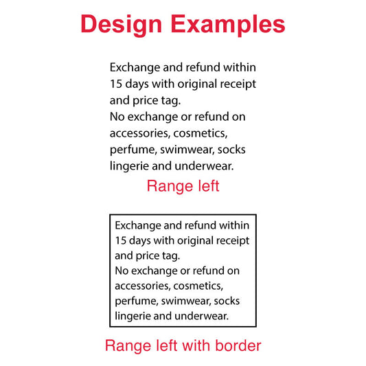 Design examples for DF5367 Pre-Inked Stamp showcasing return policy text, arranged with range left alignment and centered with border for clear business communication.