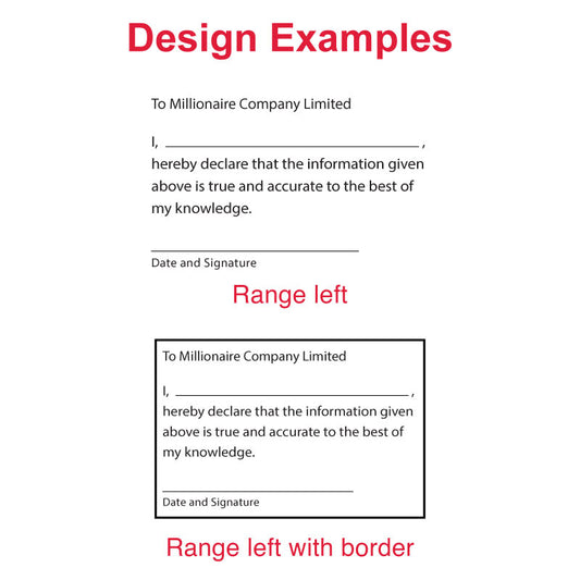 Design examples for DF5378 Pre-Inked Stamp featuring a declaration statement for the Millionaire Company, with range left alignment and optional border, ideal for official documents.