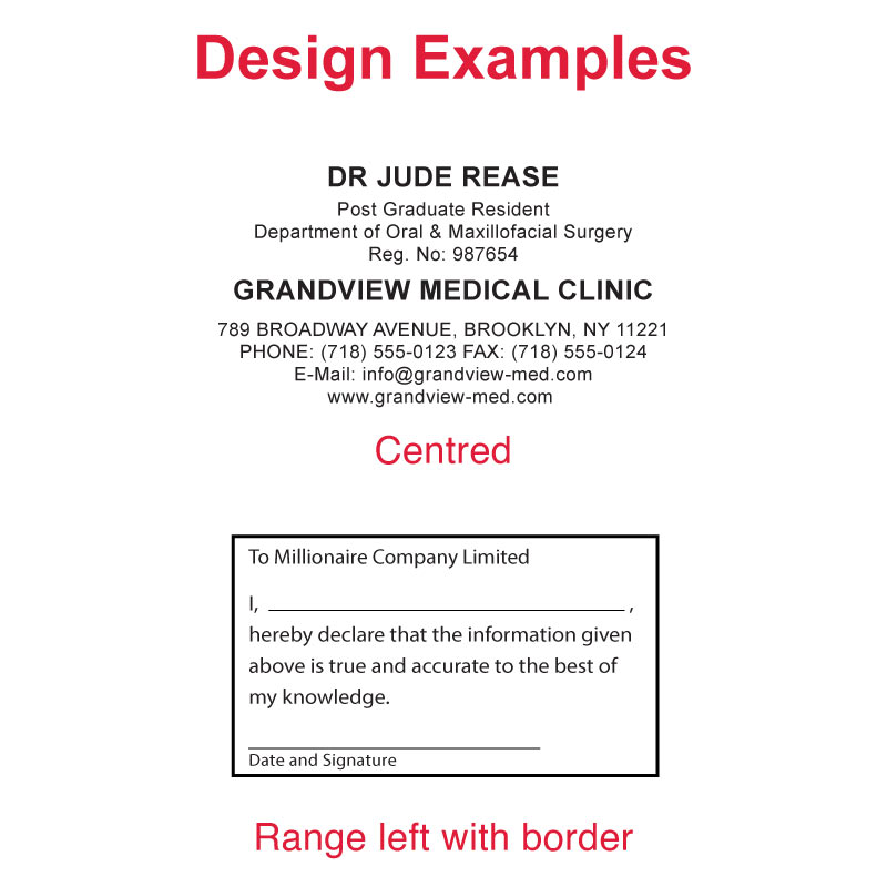Design examples for DF5391 Pre-Inked Stamp featuring medical clinic contact information and official declaration statement, centered and range left with border, suitable for healthcare documentation.