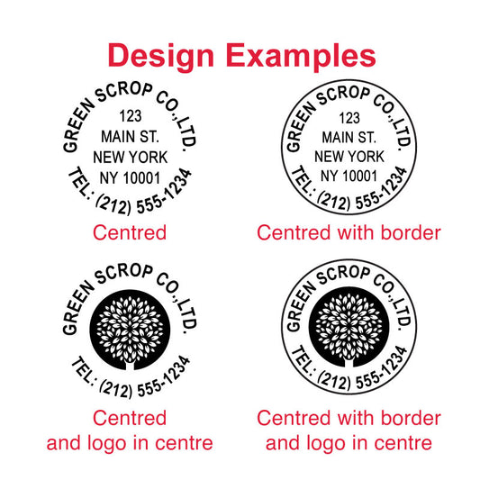 Examples of customizable impressions with the DF54 Pre-Inked Stamp - address, logo, and personalized designs