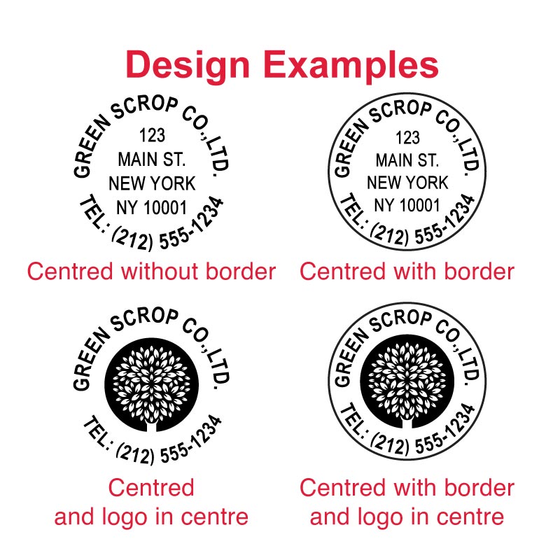 Examples of customizable impressions with the DF65 Pre-Inked Stamp - address, logo, and personalized designs