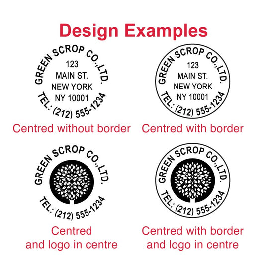 Examples of customizable impressions with the DF65 Pre-Inked Stamp - address, logo, and personalized designs