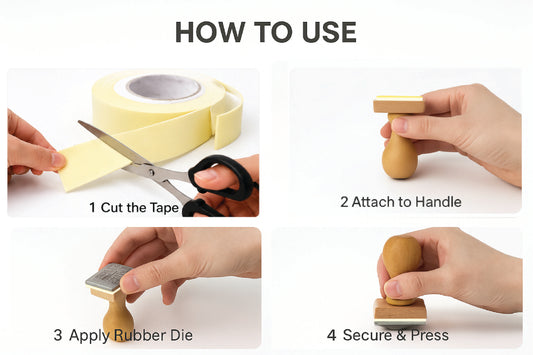 Step-by-step guide showing how to use EVA foam double-sided tape for stamp making: cut the tape, attach it to the wooden stamp handle, apply the rubber die, then secure and press.