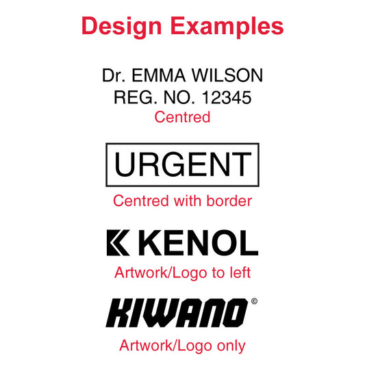 Design examples for MaxStamp CSI-10 featuring top with 'Dr. EMMA WILSON, REG. NO. 12345' centered, middle with the word 'URGENT' in bold letters centered within a border, and bottom two designs showing 'KENOL' and 'KIWANO' logos aligned to the left, illustrating the stamp's versatility for text and logos.