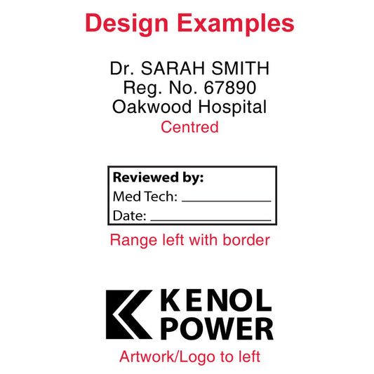 Design examples for MaxStamp CSI-20 self-inking stamp include: top design with 'Dr. SARAH SMITH' centered, registration number, and hospital name; middle design aligned left with fields for 'Reviewed by:', 'Med Tech:', and 'Date:' with a border; bottom design features 'KENOL POWER' artwork/logo aligned to the left.