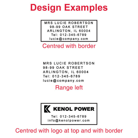 Three design examples for MaxStamp CSI-30 self-inking stamp: top shows a design centered with a border, middle aligned to the left without a border, and bottom centered with a logo at the top and a border. Each example displays a name, address, phone number, and email, illustrating customization options for professional use.