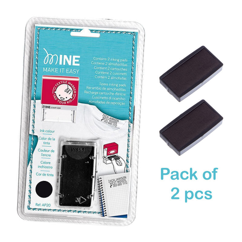 MINE Stamp Replacement Ink Pads – 2-pack refill for self-inking textile stamps. Wash-resistant ink for clothing and fabric labeling. Ships in 1-2 business days. Free shipping over $30.
