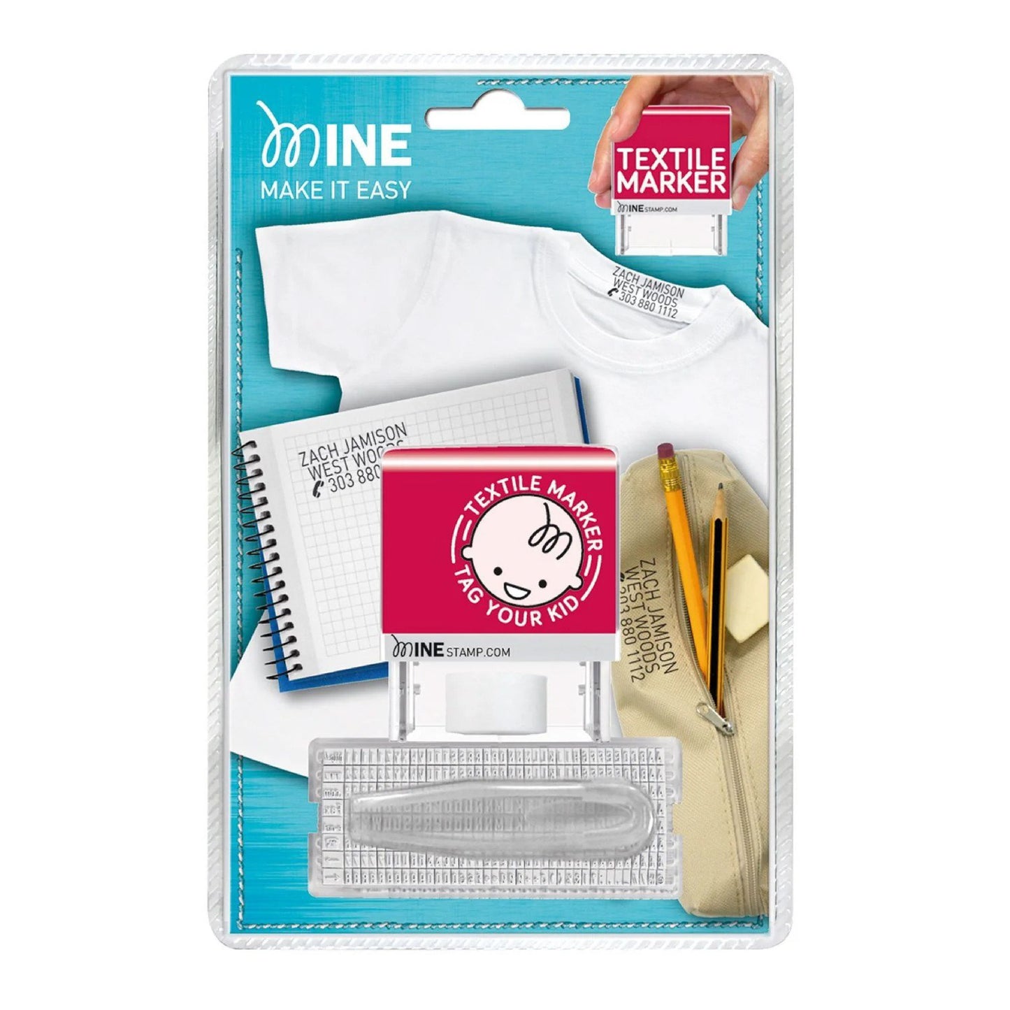 MINEstamp DIY Textile Marker Set – Custom clothing name stamp kit with self-inking stamp, letter set, and wash-resistant ink for fabric labeling. Ships in 1-2 business days. Free shipping over $30.