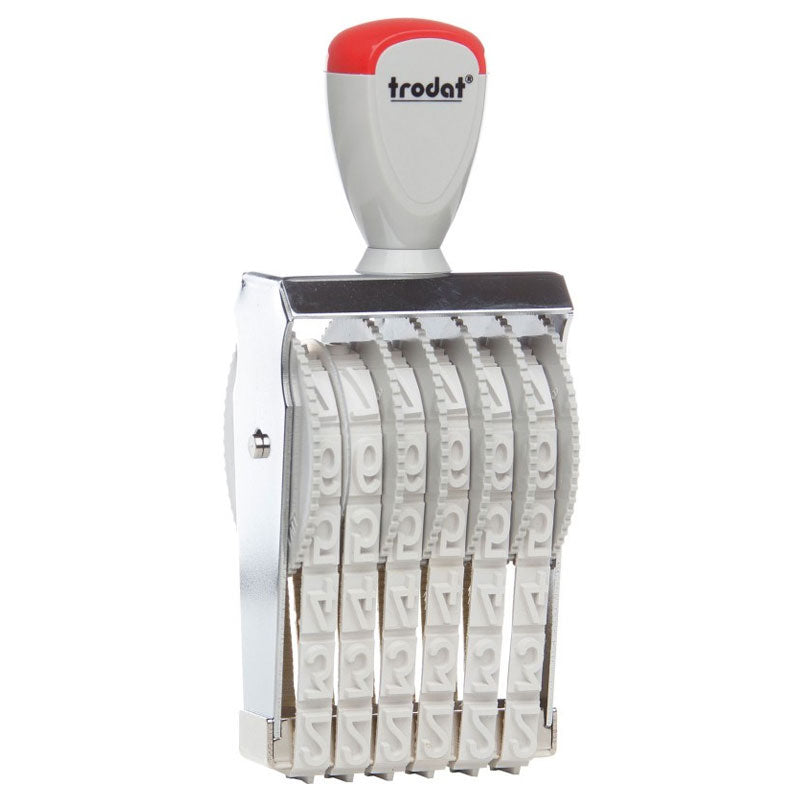 Trodat 15126 manual number stamp with a red and grey handle, showcasing its number band configuration.