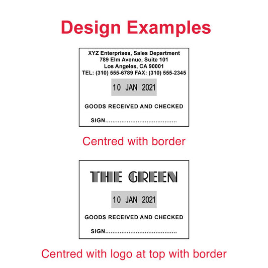 Sample designs for the Trodat 2910/P10 Die Plate Dater Stamp, featuring business contact information, a date section, and signatures lines, with variations including borders and a logo.