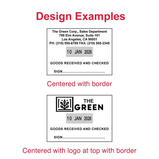 Design examples for the Trodat TR-2910 date stamp, showing centered text with border and a centered layout with logo at the top and border, both including a date field.