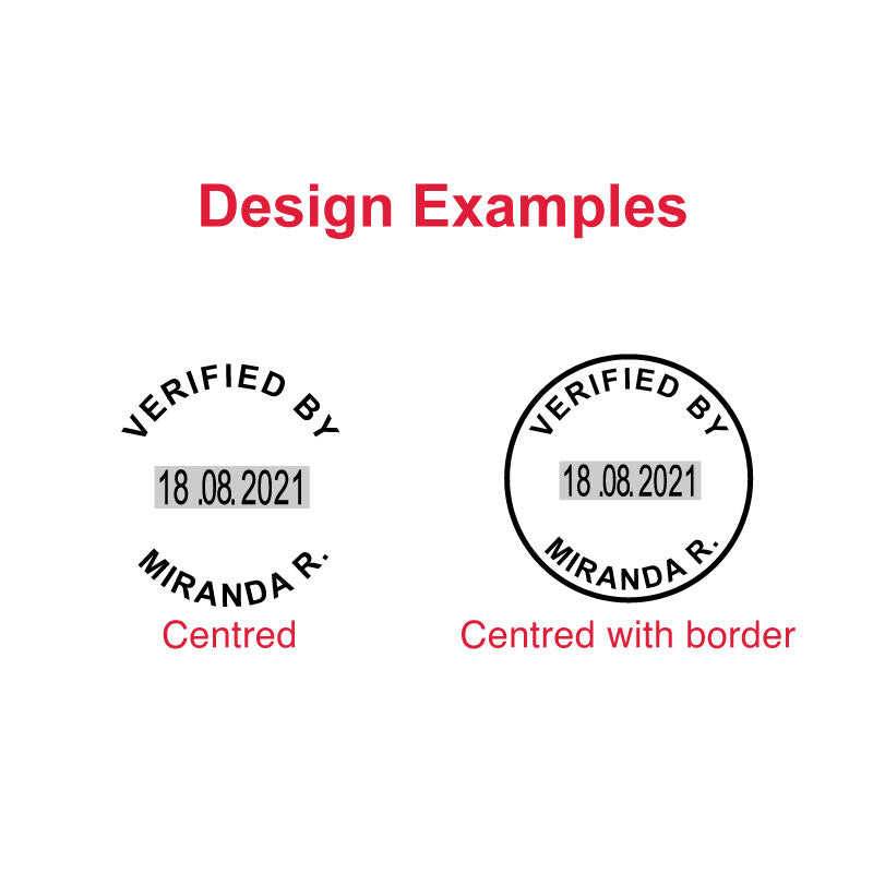 TR-46119 Printy Date Impressions - Explore a variety of precise and customizable date design examples made by this round 19 x 19 mm self-inking stamp, showcasing its versatility and professional quality.