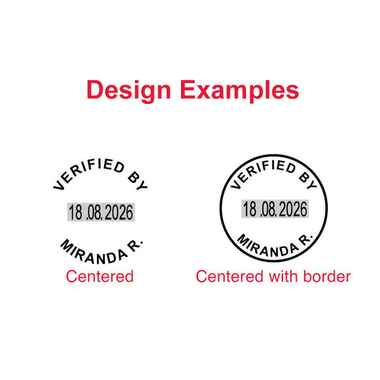 Design examples for the Trodat TR-46119 date stamp, showing a centered circular design with date field and a centered circular design with border and date field.