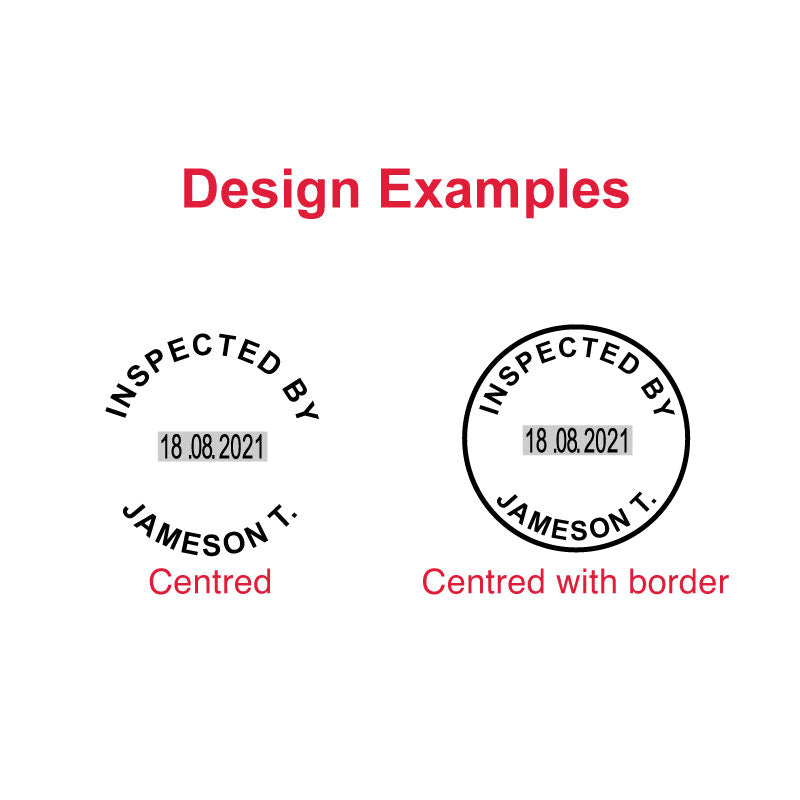 Design examples for Trodat Printy TR-46125 featuring 'Inspected By' text with customizable date, available in centered and centered with border styles for office and personal documentation.