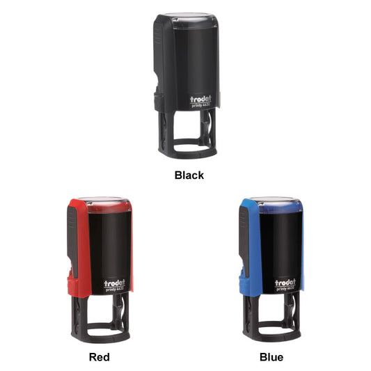 Three Trodat 4630 self-inking stamps in black, red, and blue.