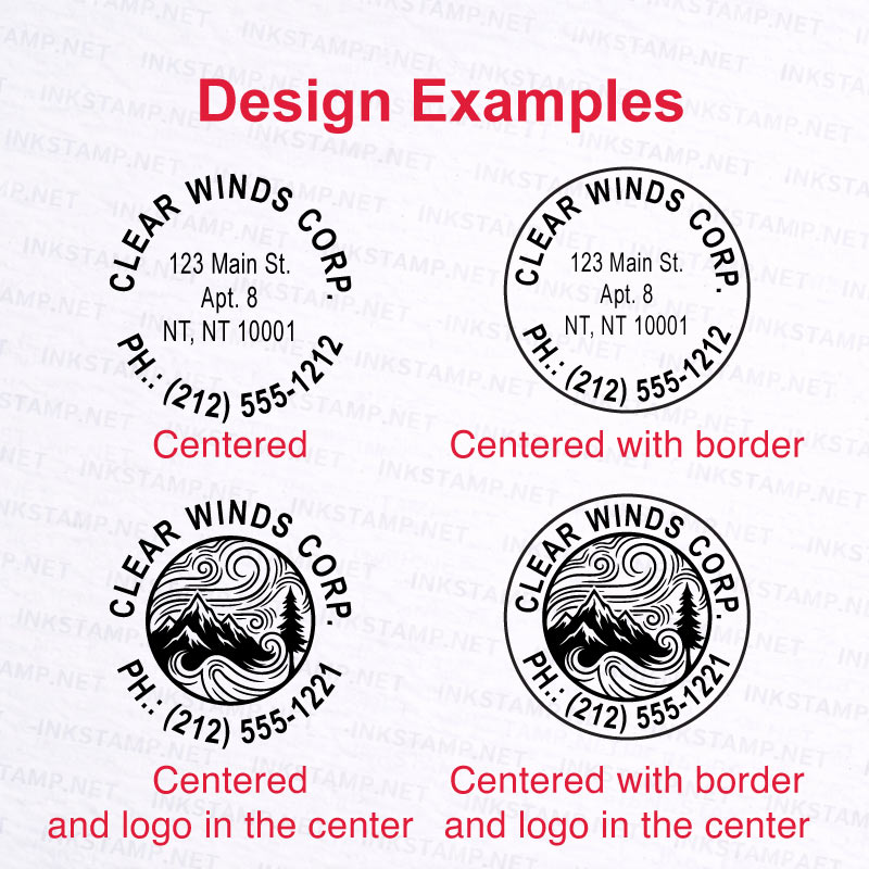 Trodat TR-4642 round self-inking stamp design examples including logo and badge layout