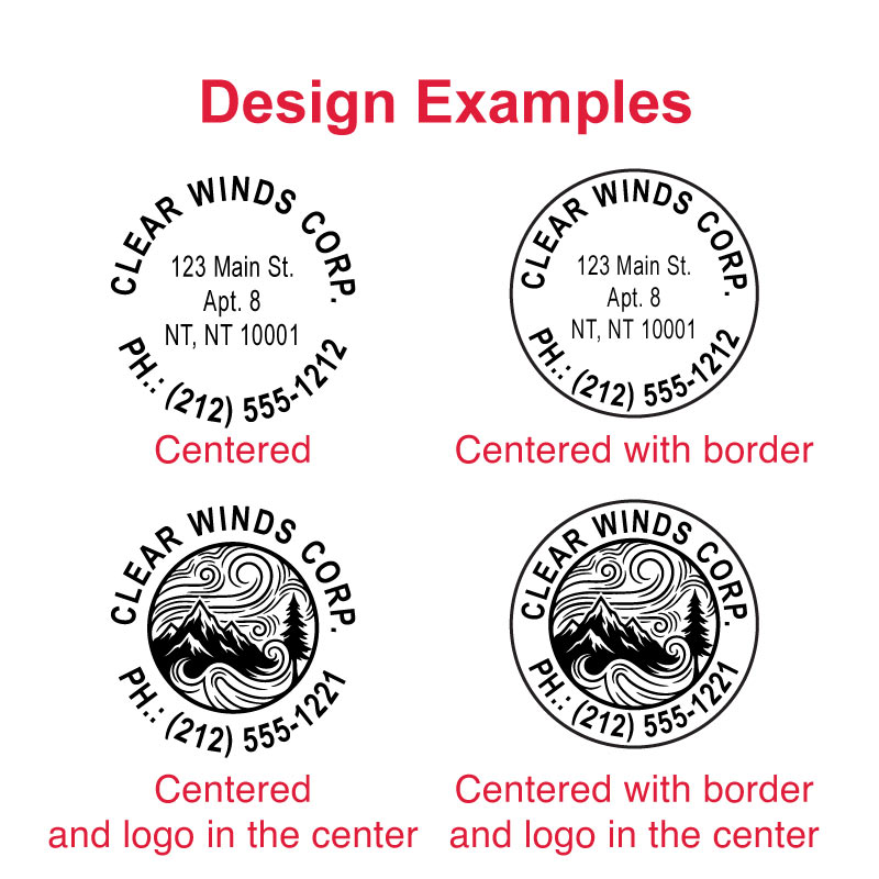 Design examples for the Trodat TR-4642 self-inking stamp, featuring centered circular layouts with address and phone number, centered layouts with border, centered layouts with a logo in the middle, and centered layouts with both border and logo in the middle.