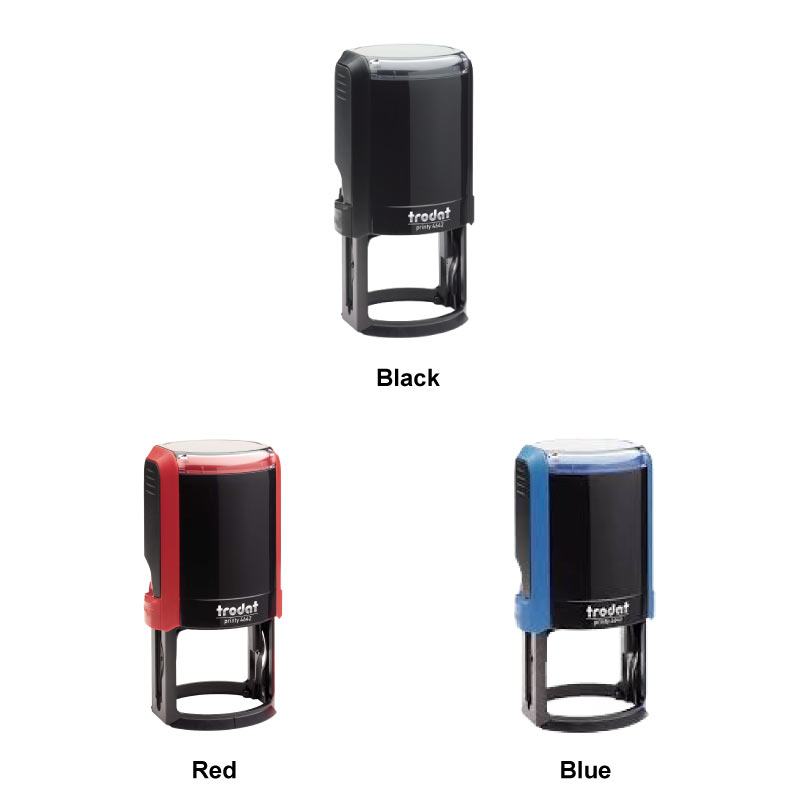 Three Trodat 4642 self-inking stamps in black, red, and blue.