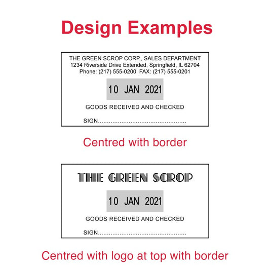 Sample designs for Trodat Printy TR-4726 stamp featuring 'GOODS RECEIVED AND CHECKED' text with signature line, showing options with and without company logo, suitable for office documentation, available with customizable text and date.