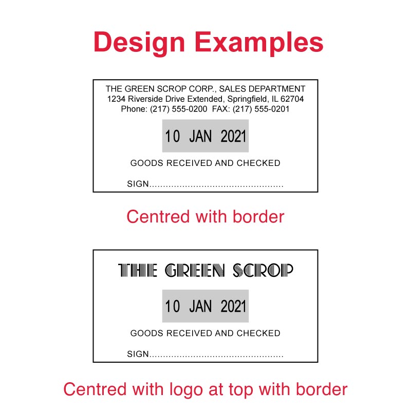 Sample designs for Trodat Printy TR-4726 date stamp featuring 'GOODS RECEIVED AND CHECKED' text with signature line, showing options with and without company logo, suitable for office documentation, available with customizable text and date.