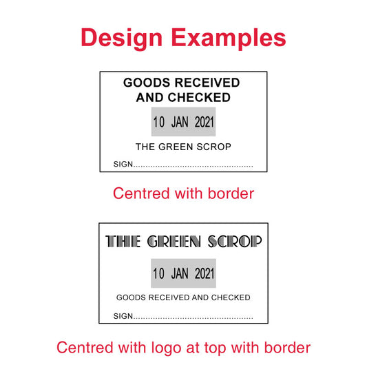 Example layouts for Trodat Printy TR-4729 stamp, featuring 'GOODS RECEIVED AND CHECKED' messages with customizable company name and signature line, ideal for professional and personal labeling needs.