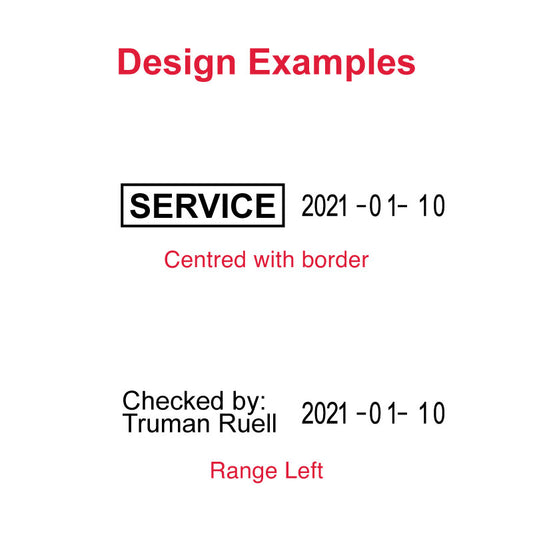 Sample impressions of Trodat Printy TR-4813 stamp with numeric date customization options, featuring 'SERVICE' centered with border and 'Checked by: Truman Ruell' aligned left.
