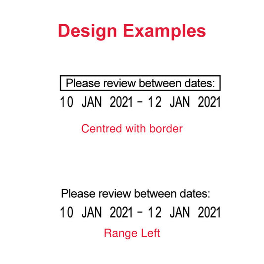 Design examples for Trodat Printy TR-4816PL date stamp, illustrating 'Please review between dates' text centered with border and ranged left, showcasing customization options for date labeling.