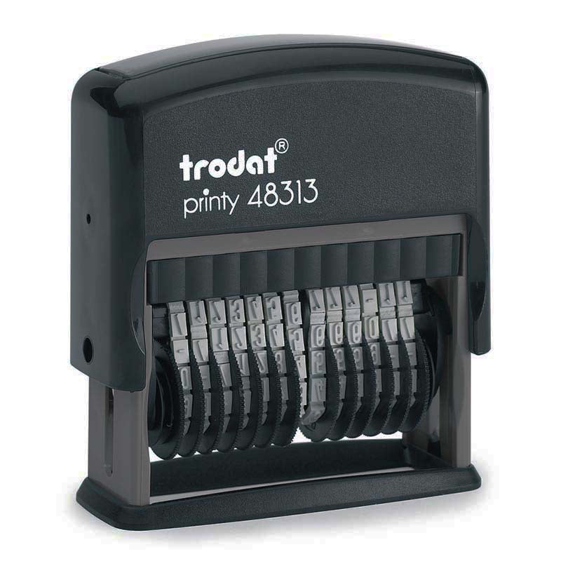 Trodat Printy 48313 black self-inking number stamp with a sturdy rectangular body and 13 adjustable number bands prominently displayed.