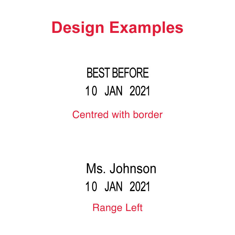 Sample text designs for Trodat Printy TR-4850 stamp, featuring 'BEST BEFORE' and 'Ms. Johnson' customization, illustrating the stamp's ability for clear and centered or left-aligned date labeling.
