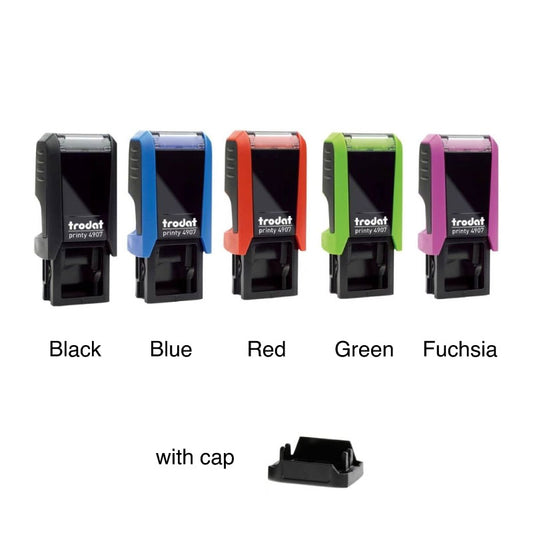 Set of five Trodat 4907 printer in black, blue, red, green, and fuchsia with a cap.