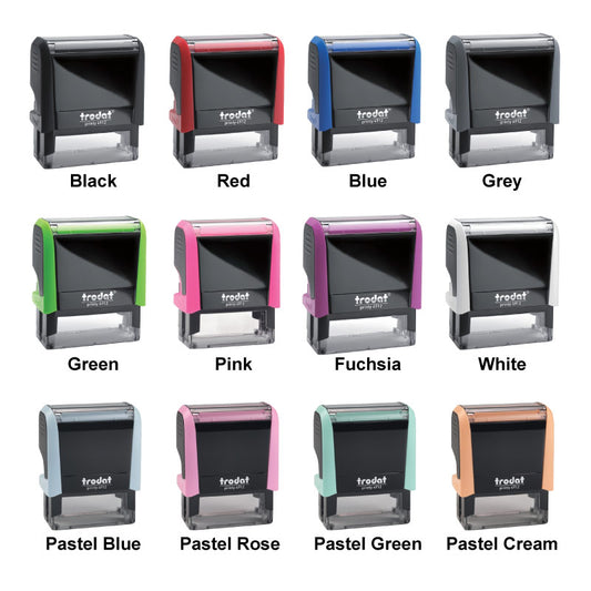 Collection of Trodat 4912 self-inking stamps in various colors.