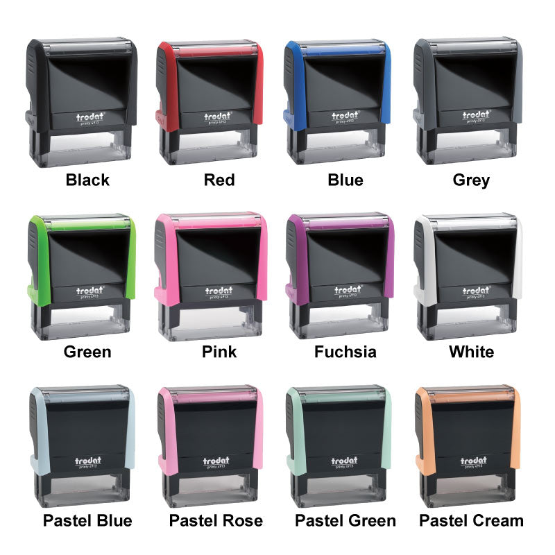 Set of Trodat 49134 self-inking stamps in various colors.