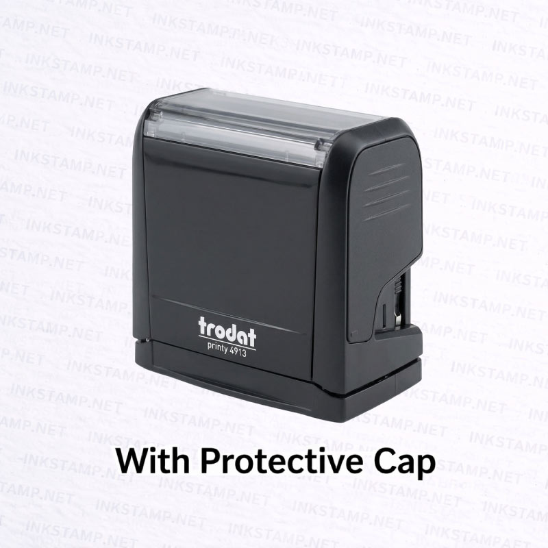Trodat TR-4913 self-inking stamp with protective cap for portability and storage