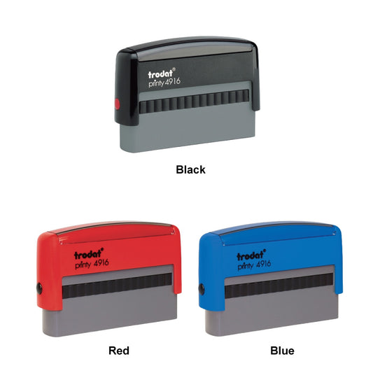 Three Trodat 4916 self-inking stamps in black, red, and blue.