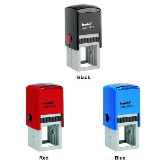 Three Trodat 4923 stamps in black, red, and blue.